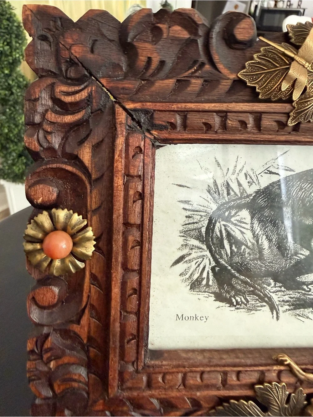 Jo Marz First Edition 67/500 Hand Carved Wood Monkey Picture Frame Brass Accents